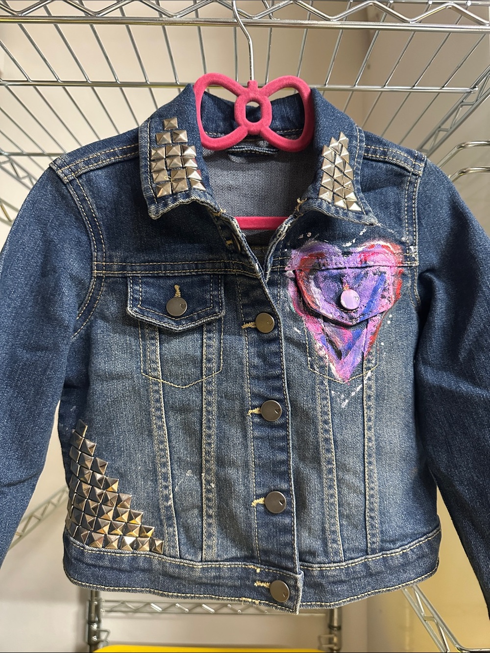 Girls' Denim Jacket with Studs & Painted Heart - Blue